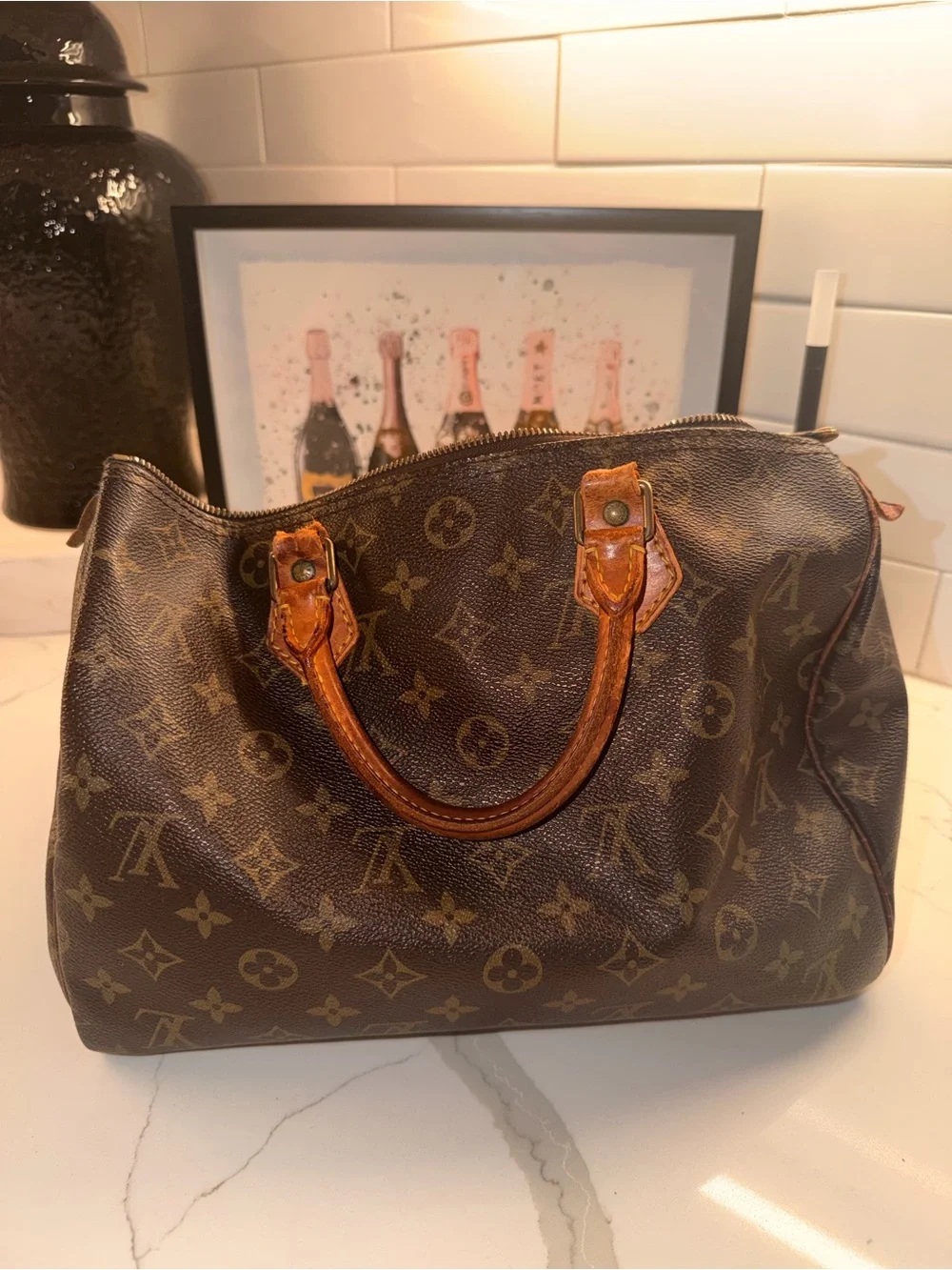 Louis Vuitton Brown Monogram Speedy with Tan Handles